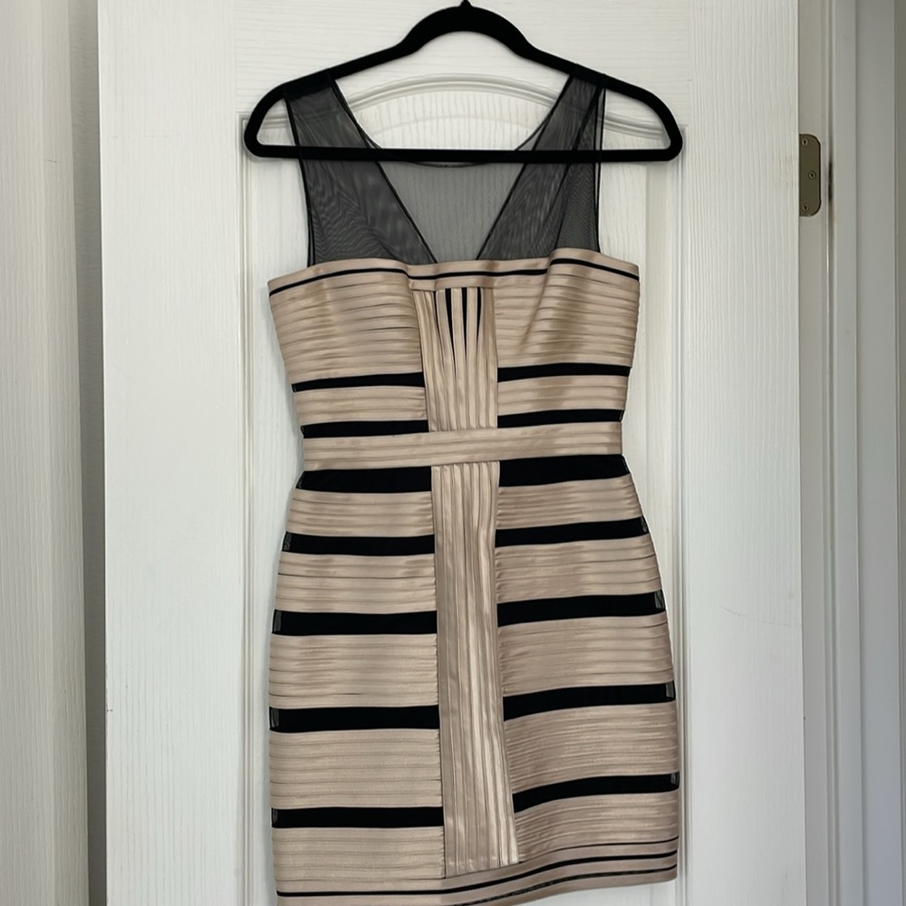 BCBG MaxAzria bandage dress champagne satin black mesh size 4 prom party bodycon - Picture 4 of 11